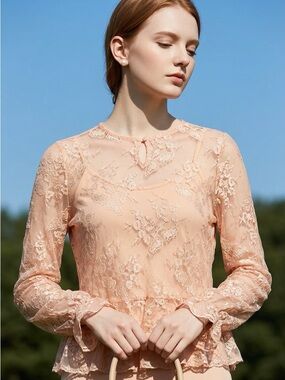 Tulip B Dusty Peach Lace Peplum Blouse
